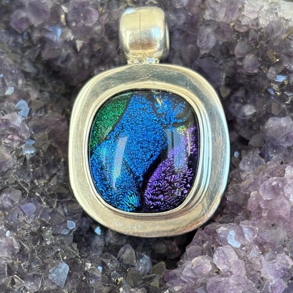 Vintage Dichroic Pendant Sterling Silver Blue Purple Glass Vintage - Picture 5 of 8